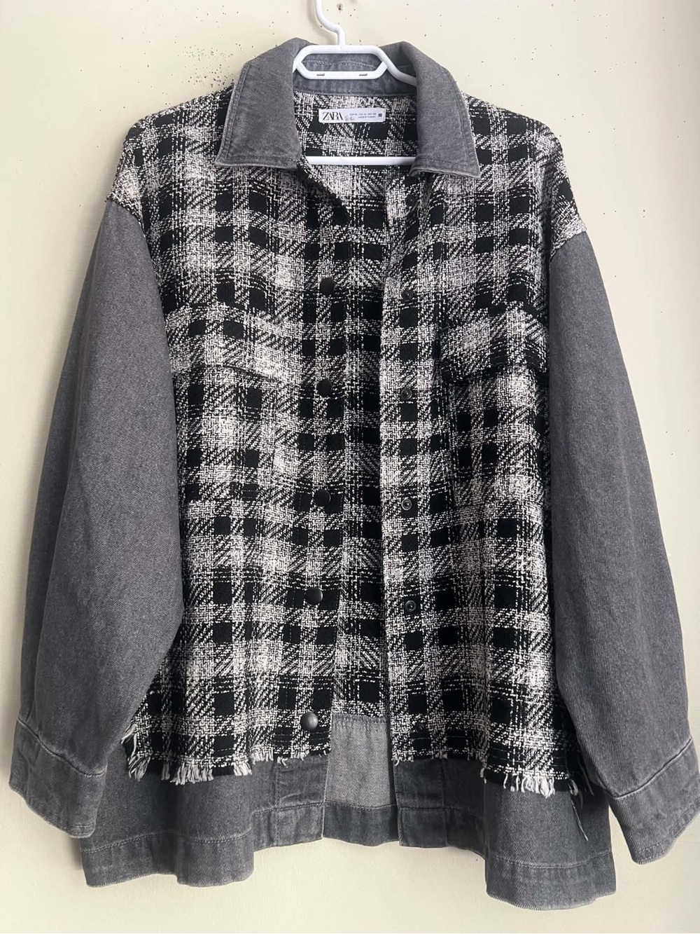 Zara Black & Gray Plaid Mixed-Media Denim Jacket